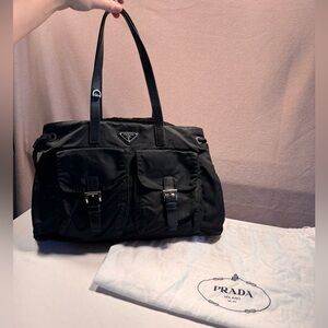 Prada Nylon Tote Bag with Leather Accents and Silver Hardware